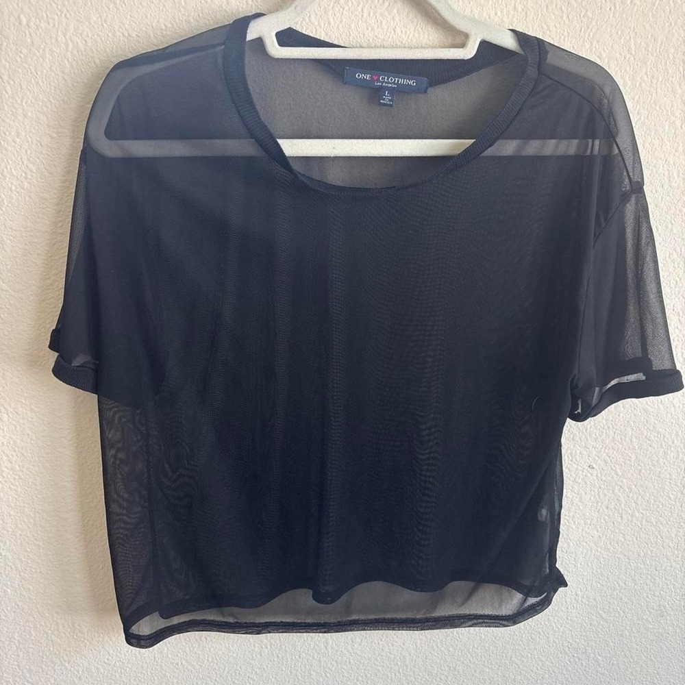 One Clothing Los Angeles Black Mesh Crop Top Sheer Short Sleeve Crew Neck Large